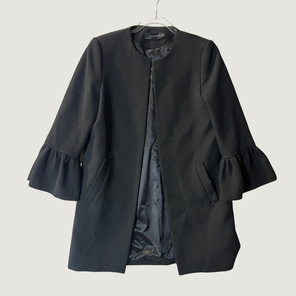 Zara Woman Black Ruffle Bell Sleeve Open Front Collarless Coat Small